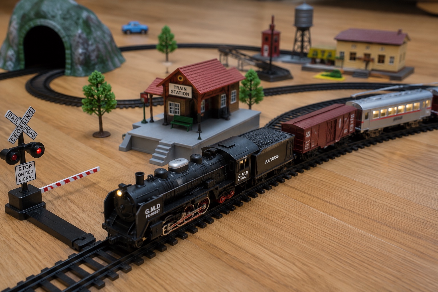 Toy train tabletop scene reference
